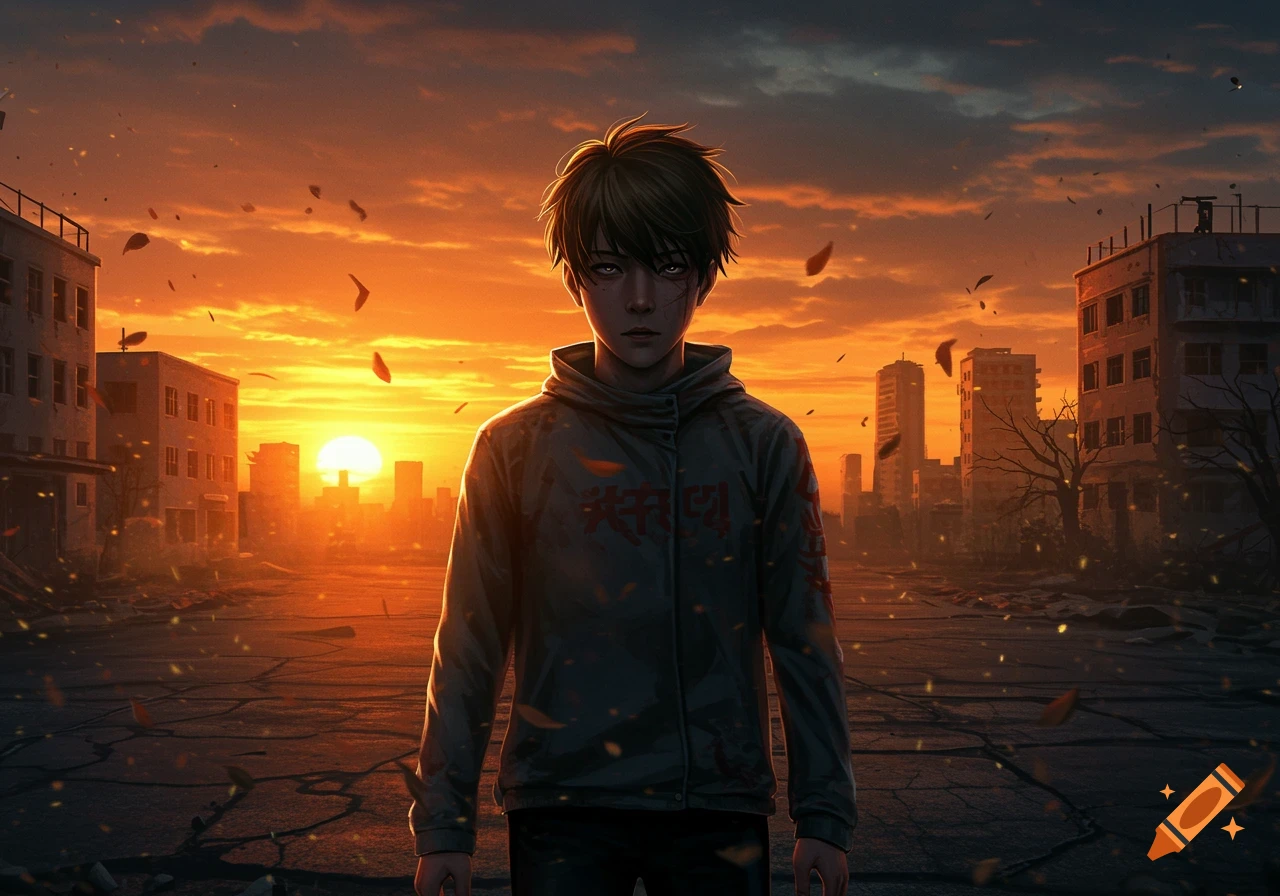 An anime-style male youth stands in a ruined, cracked city street at sunset, with destroyed buildings and debris in the background.