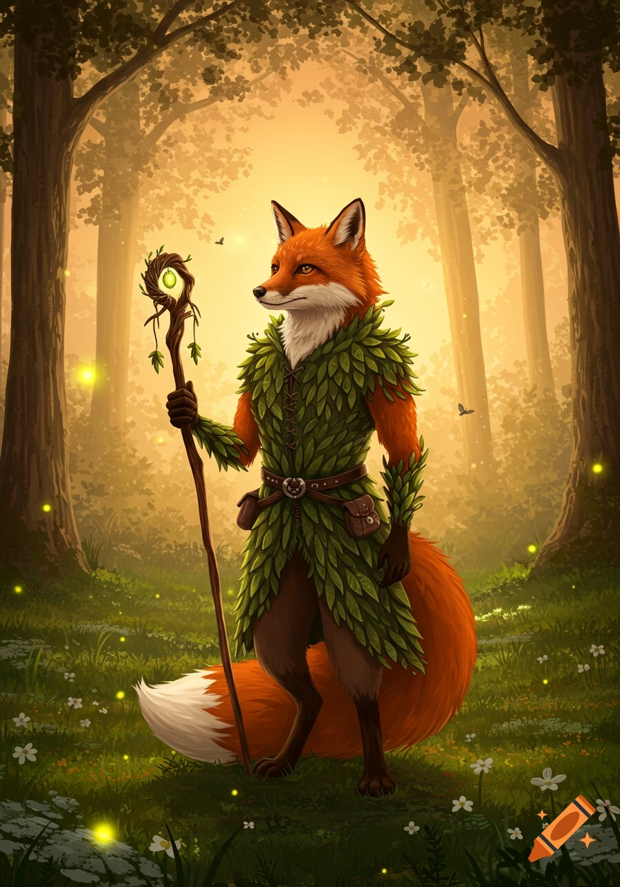 Anthropomorphic fox in leaf armor holding a glowing staff in a magical forest.