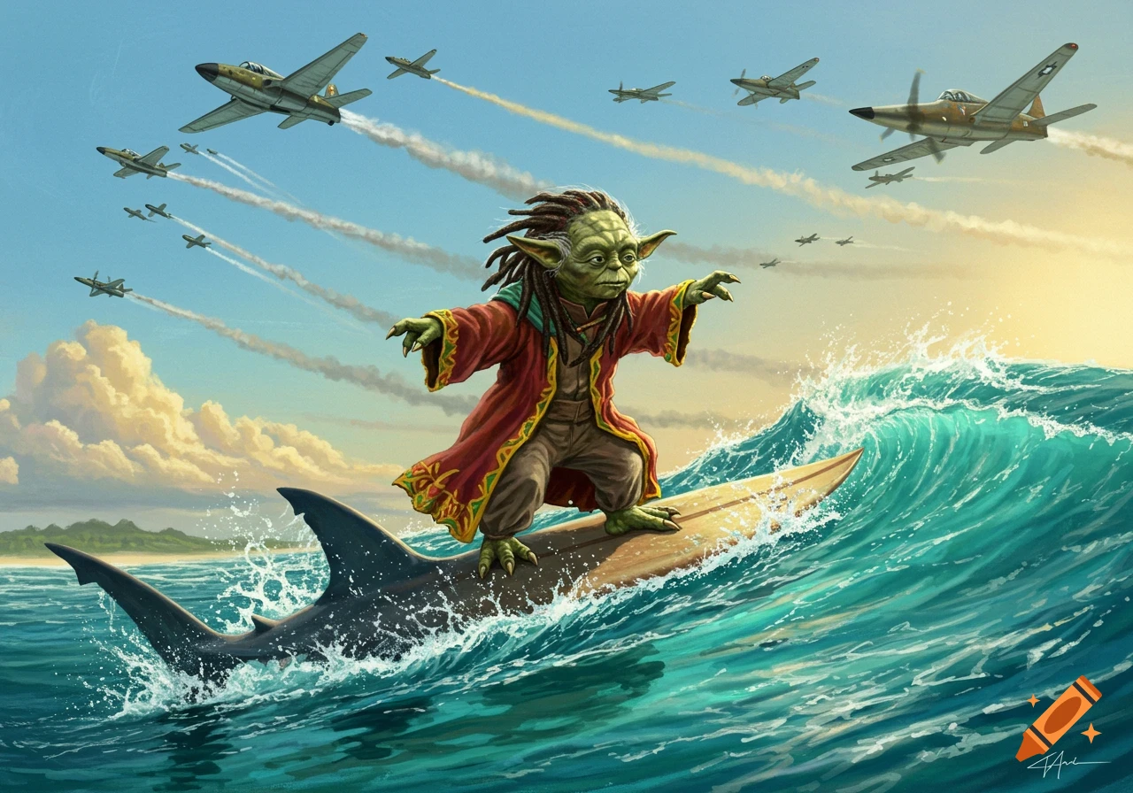 Illustrated artwork of a dreadlocked Yoda surfing on a shark while fighter jets fly in the sky above.