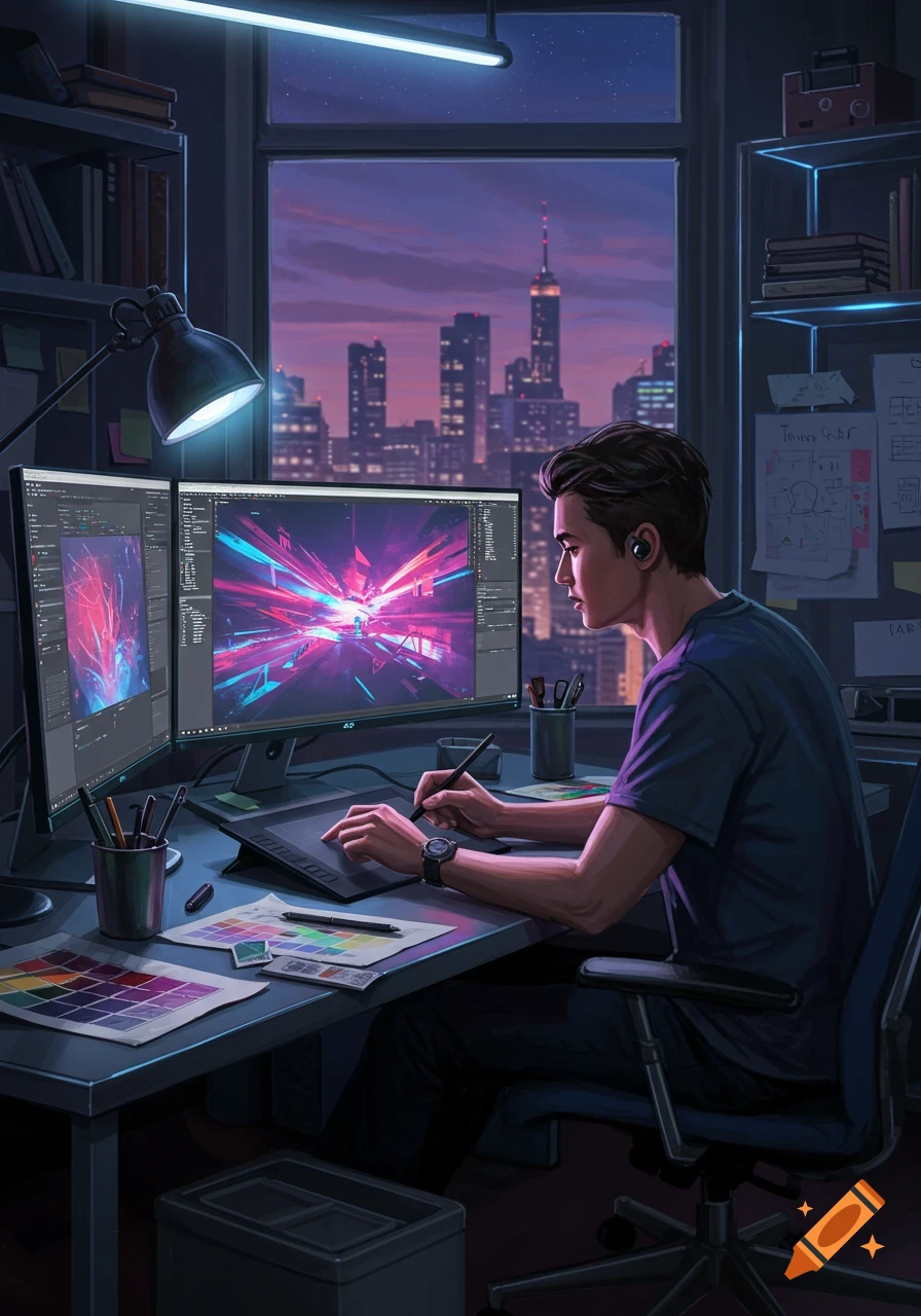 A stylized illustration of a young man working as a graphic designer at his desk at night, with two monitors displaying colorful digital art and a city skyline visible through the window.
