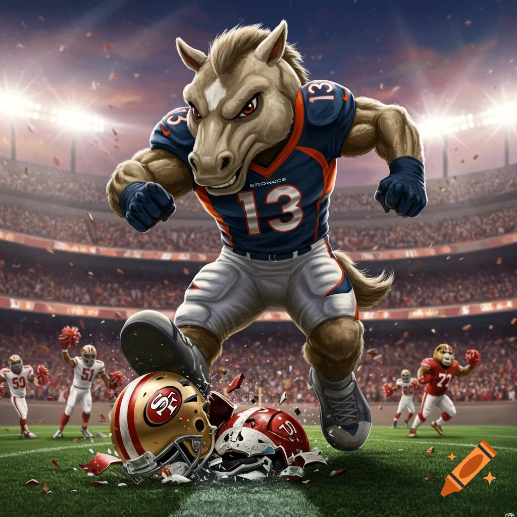 A Denver Broncos horse mascot stomps on broken 49ers football helmets on a field in a stadium, in an illustration style.