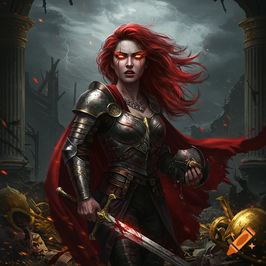 A fierce female warrior with glowing red eyes and long red hair, clad in blood-stained armor, holds a bloody sword amidst a devastated battlefield.