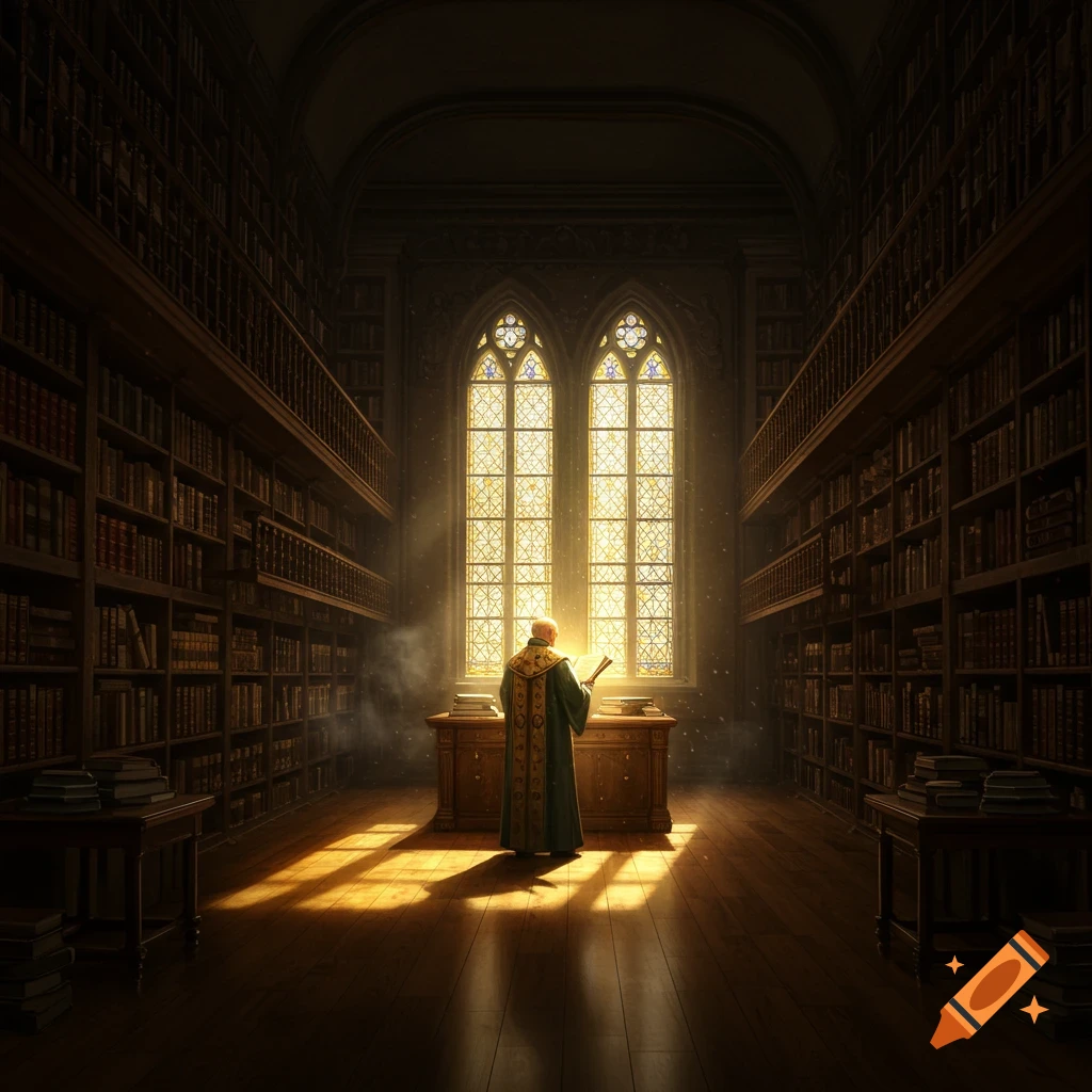 A robed figure stands in a vast, sunlit library, reading a book before two large stained glass windows.