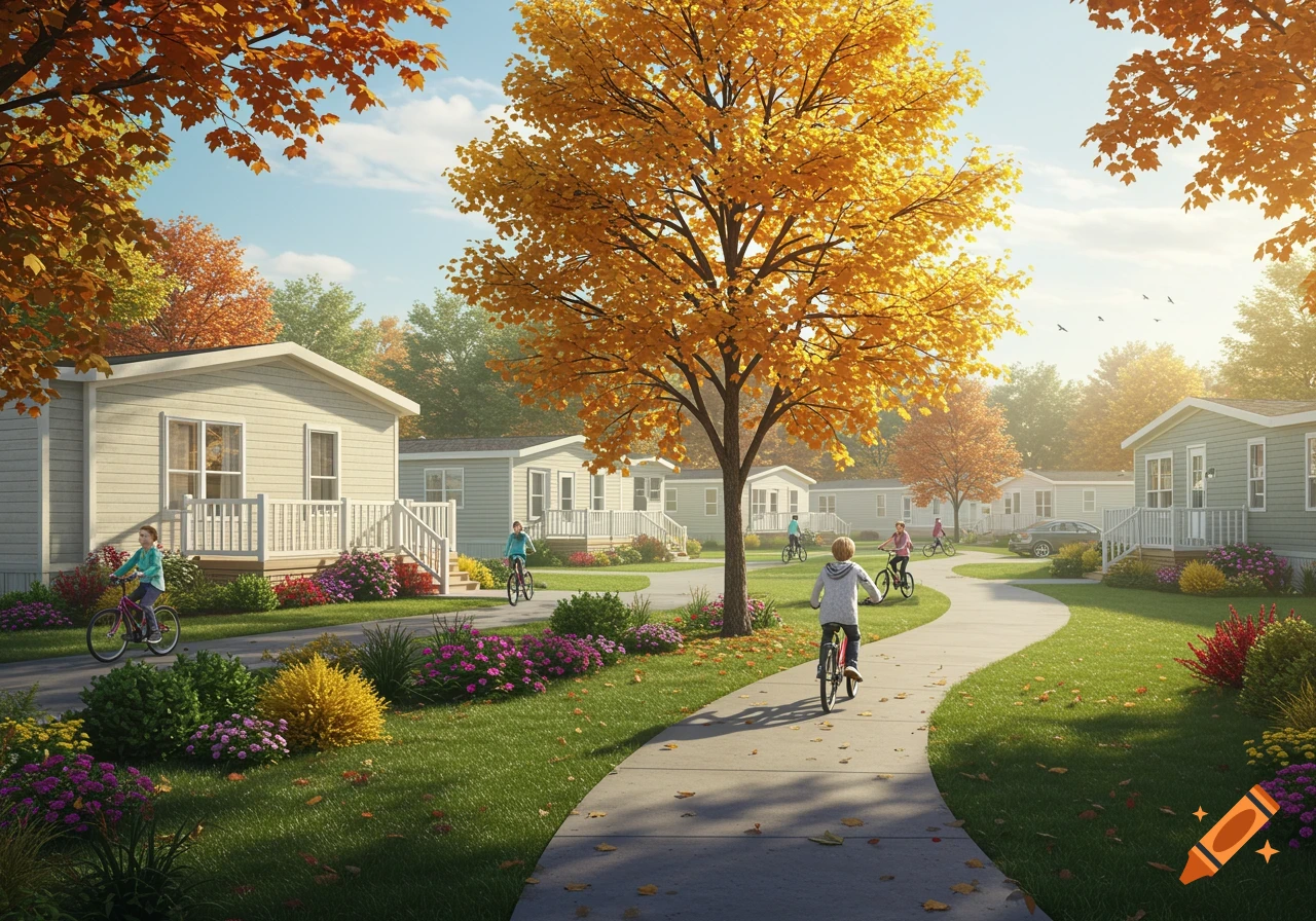 A vibrant autumn scene in a manufactured home neighborhood with kids riding bikes on a winding path.