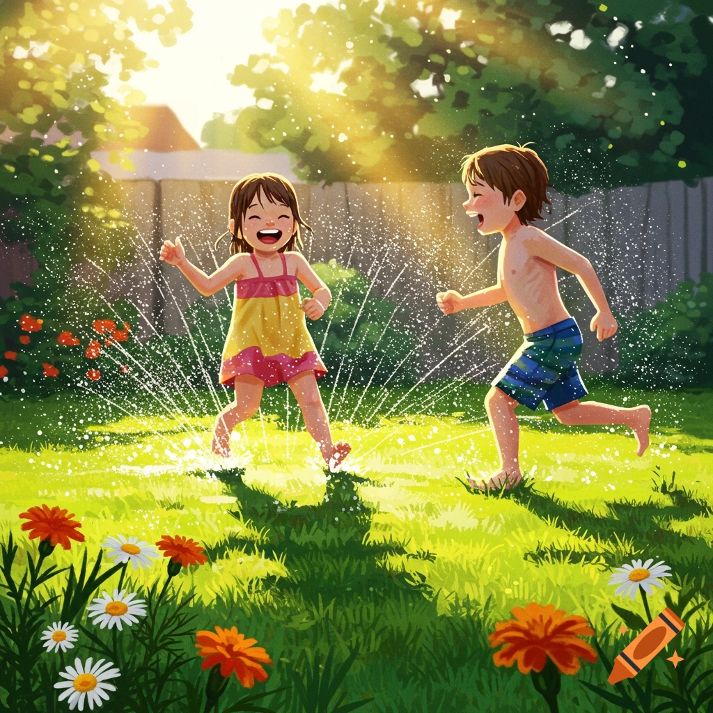 Two happy children, a boy and a girl, laughing and running through a sprinkler in a sunlit green backyard.
