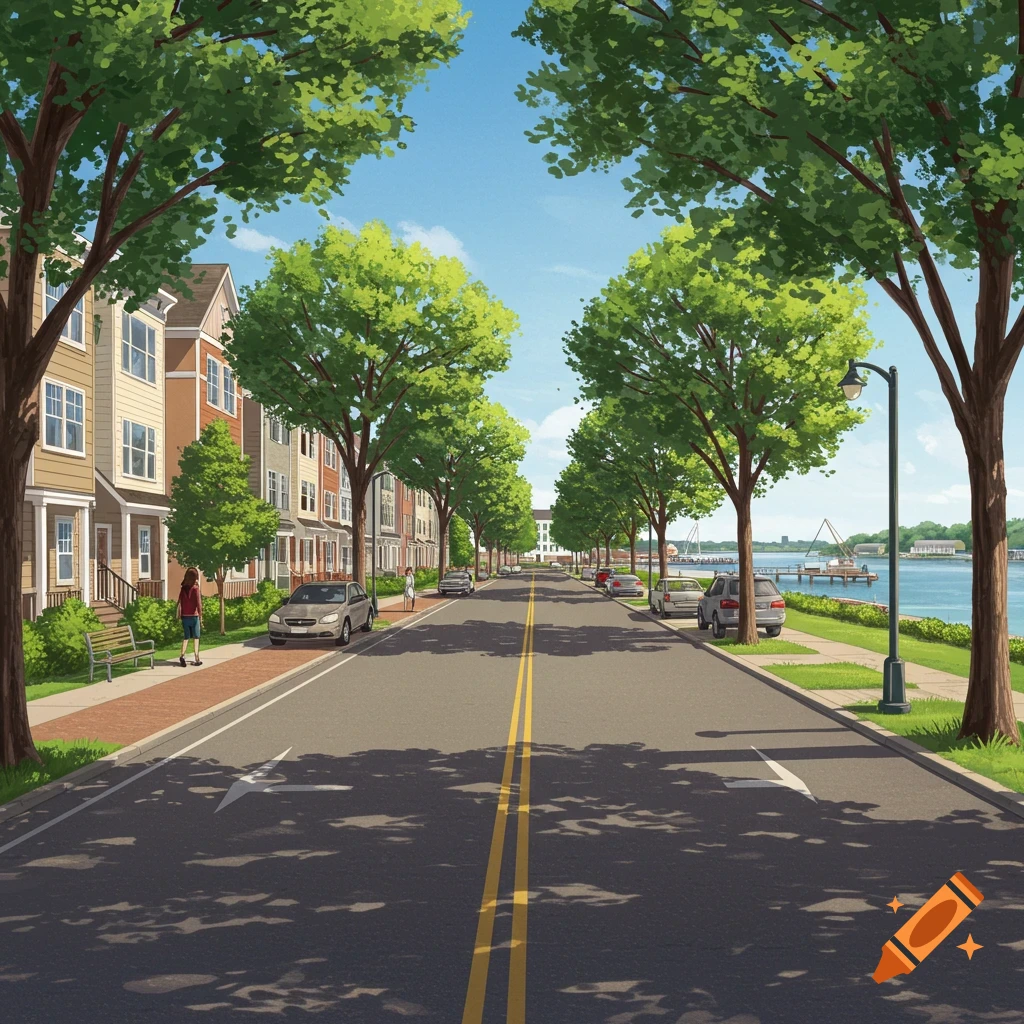 A tree-lined street with townhouses on one side and a river with boats on the other, under a blue sky.