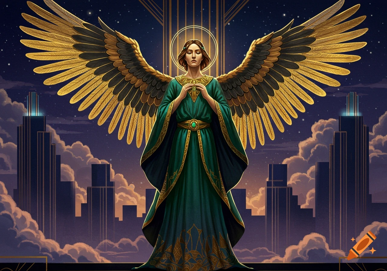 An Art Deco archangel with golden wings and a green robe stands before a stylized cityscape under a starry night sky.