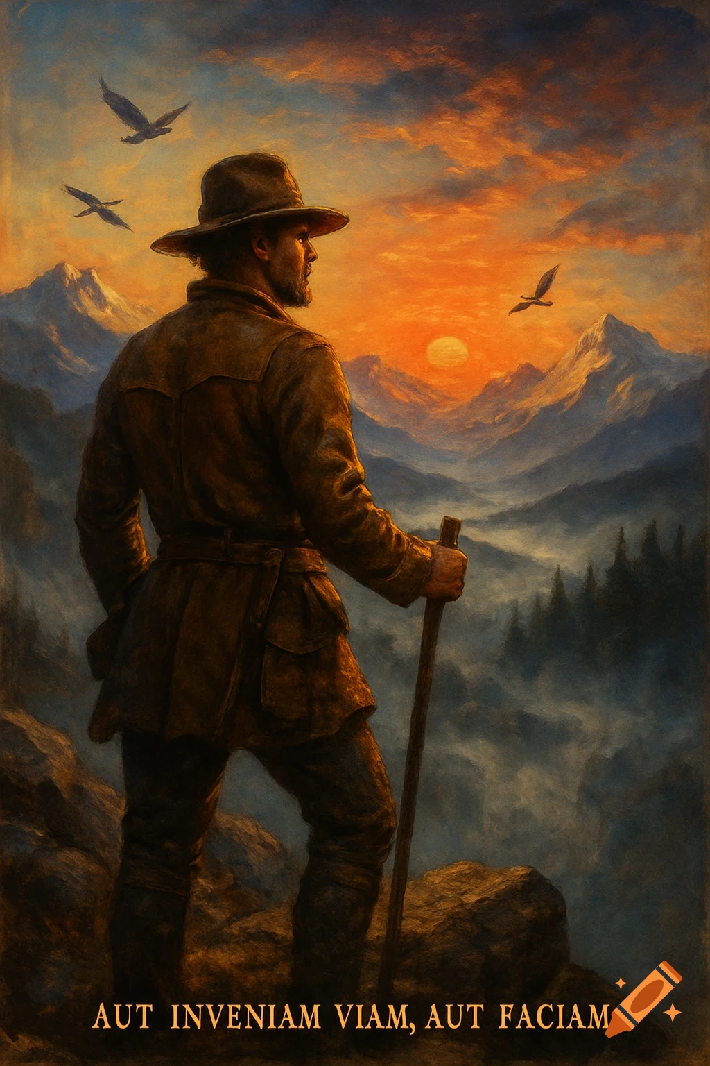 A man in a hat with a staff overlooks a vast mountain landscape at sunset, with birds flying and a Latin quote at the bottom. Painted style.