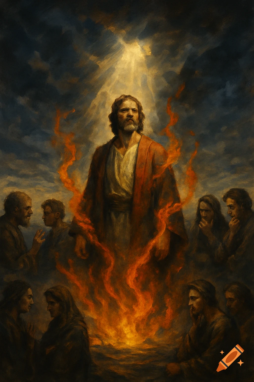 An oil painting depicting a robed man, possibly Jesus, engulfed in fire, surrounded by disciples under a dramatic sky.