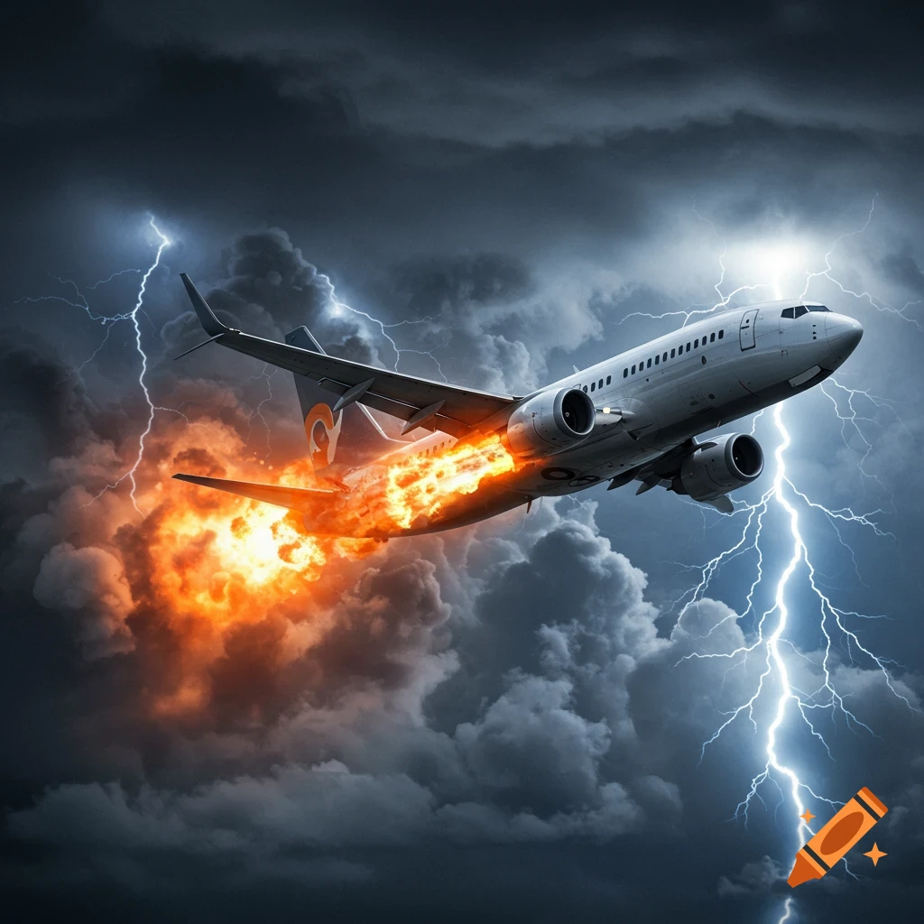 Photorealistic image of a white passenger jet with a fiery engine, flying through a dark storm sky with lightning.