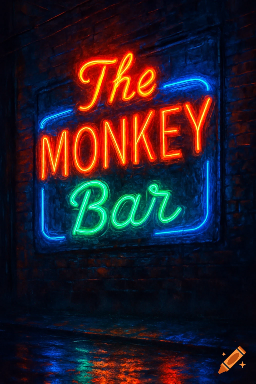 A vibrant neon sign for 'The Monkey Bar' glowing brightly on a dark brick wall with reflections on a wet ground.