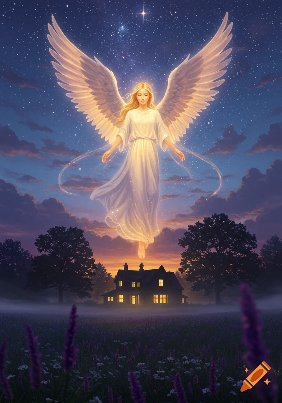 An ethereal angel with glowing wings floats above a glowing house in a field of lavender under a starry twilight sky.