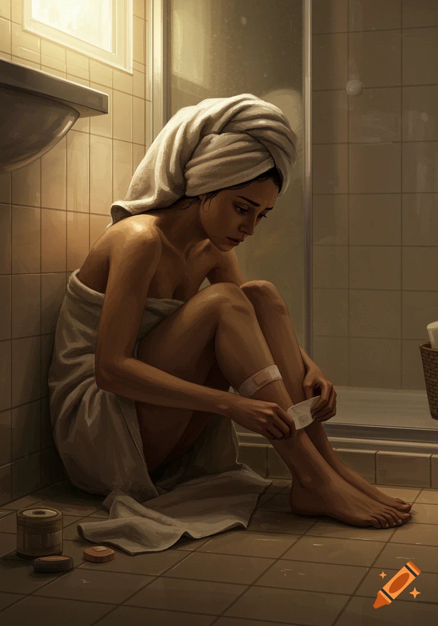Illustration of a woman in a towel sitting on a bathroom floor, applying a bandage to her leg.