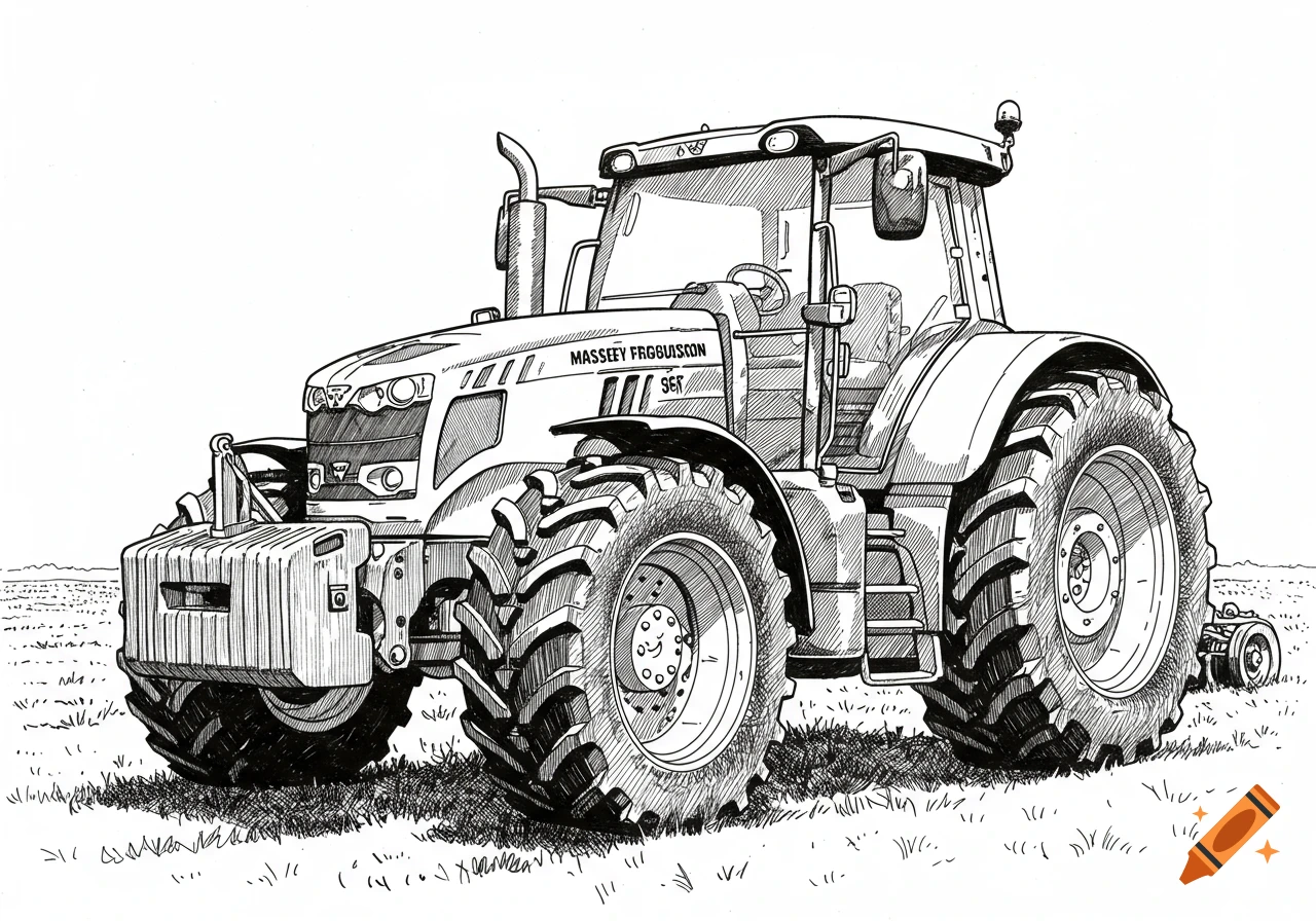 Black and white lineart illustration of a large Massey Ferguson tractor in a field.