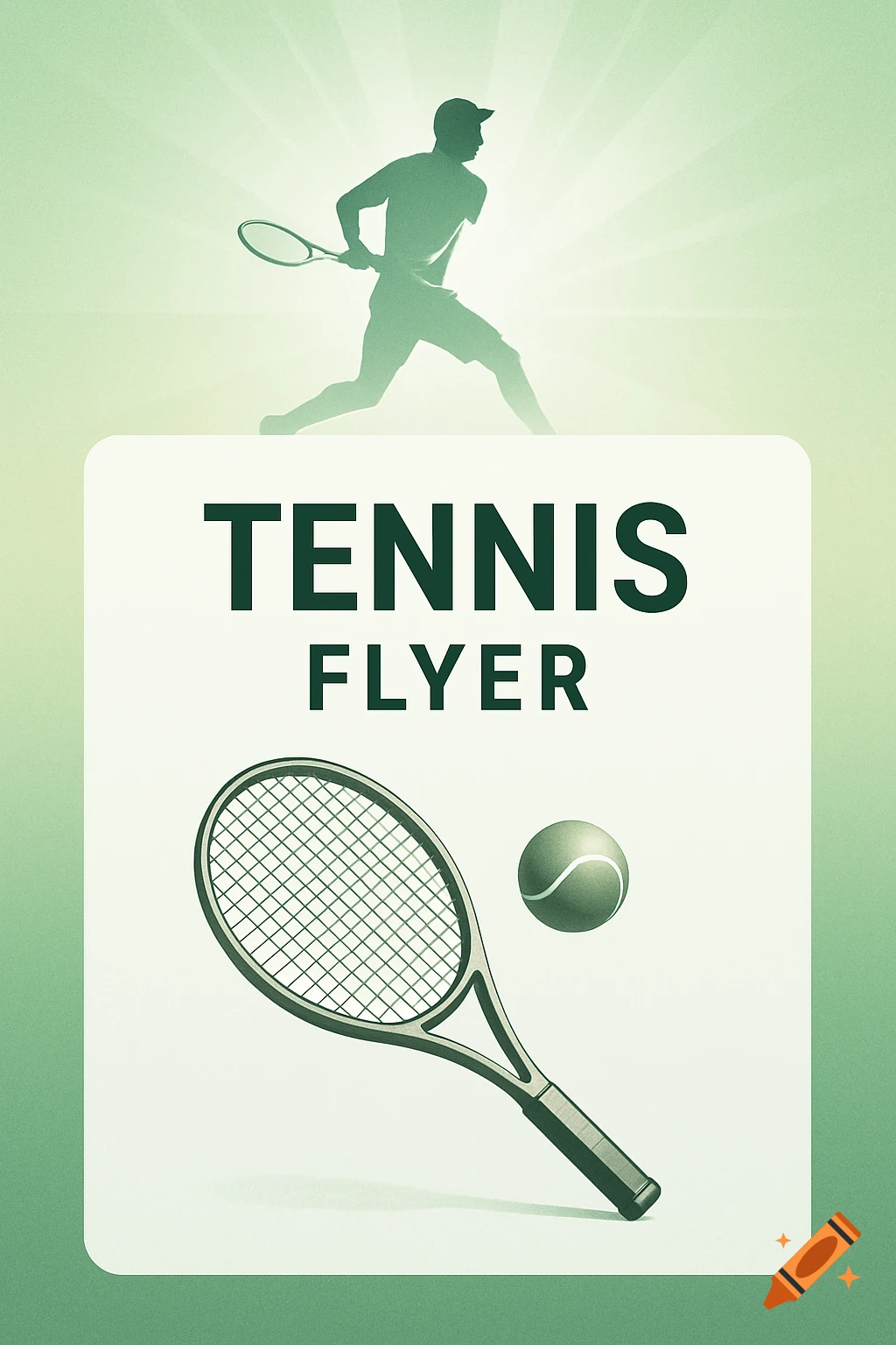 A tennis flyer template with a silhouette of a tennis player, a racket, and a ball on a green background. The text reads "TENNIS FLYER."