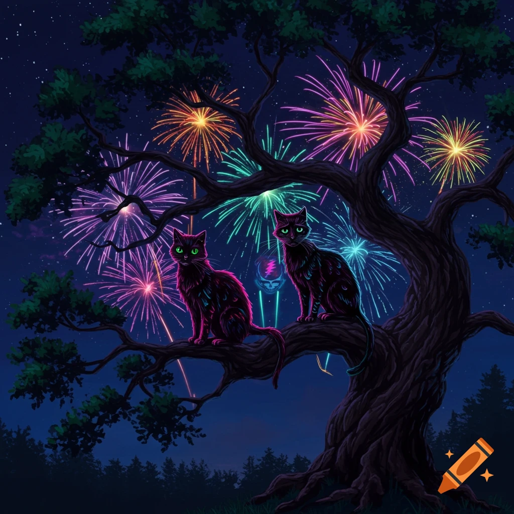 Two black cats with green eyes perch on a tree branch at night, surrounded by colorful fireworks and a glowing Grateful Dead skull.