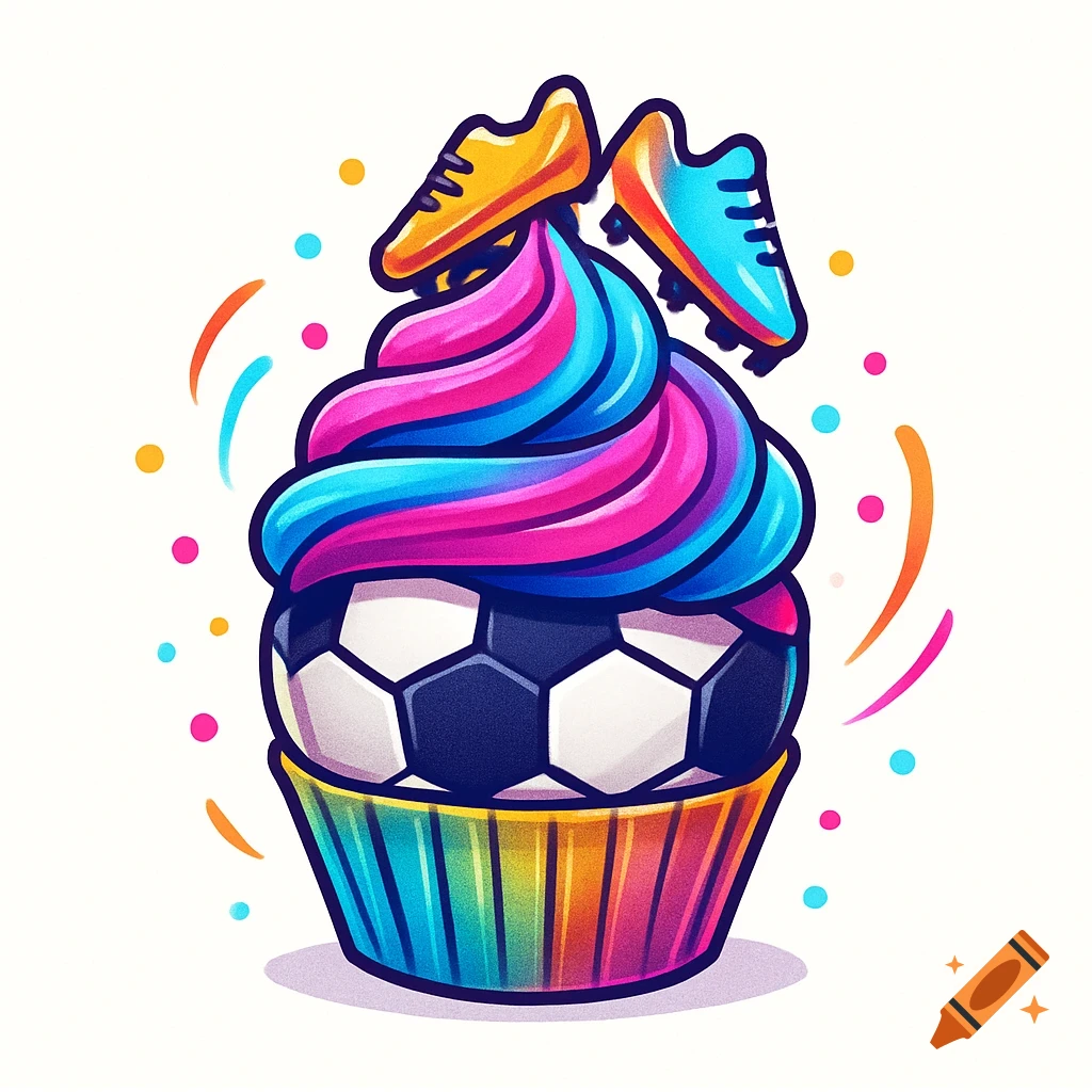 A bright, cartoon-like illustration of a cupcake with a soccer ball base, colorful swirled frosting, and yellow and blue soccer cleats on top, set against a white background.