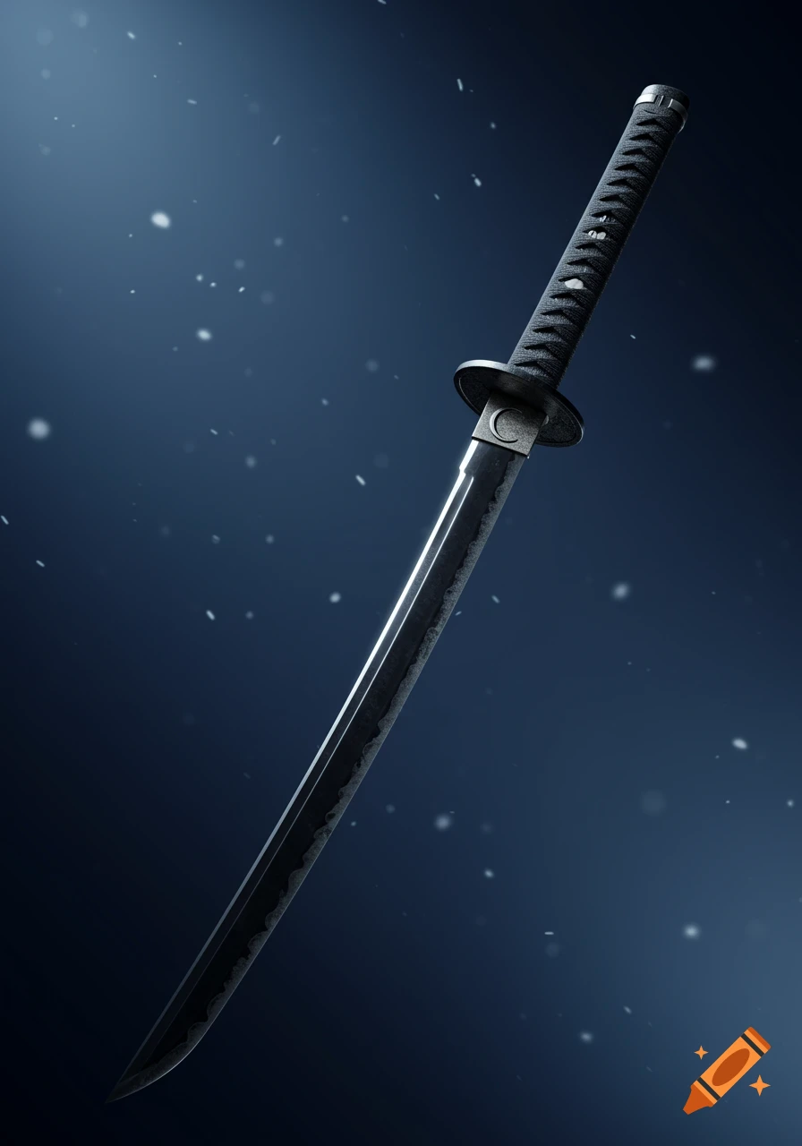 A sleek, obsidian-black katana with a silver edge and a crescent moon tsuba, against a dark blue background with falling snowflakes.