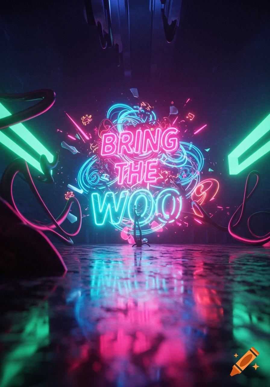 Neon pink and blue sign spells 'BRING THE WOO' in a dark, reflective room with abstract glowing shapes.