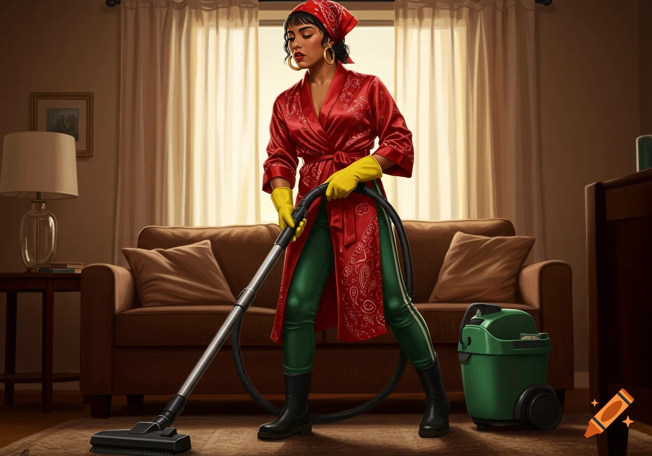 An artistic depiction of a Hispanic Latin woman vacuuming a living room rug, dressed in a red bandana, red robe, green yoga pants, yellow gloves, and black boots.
