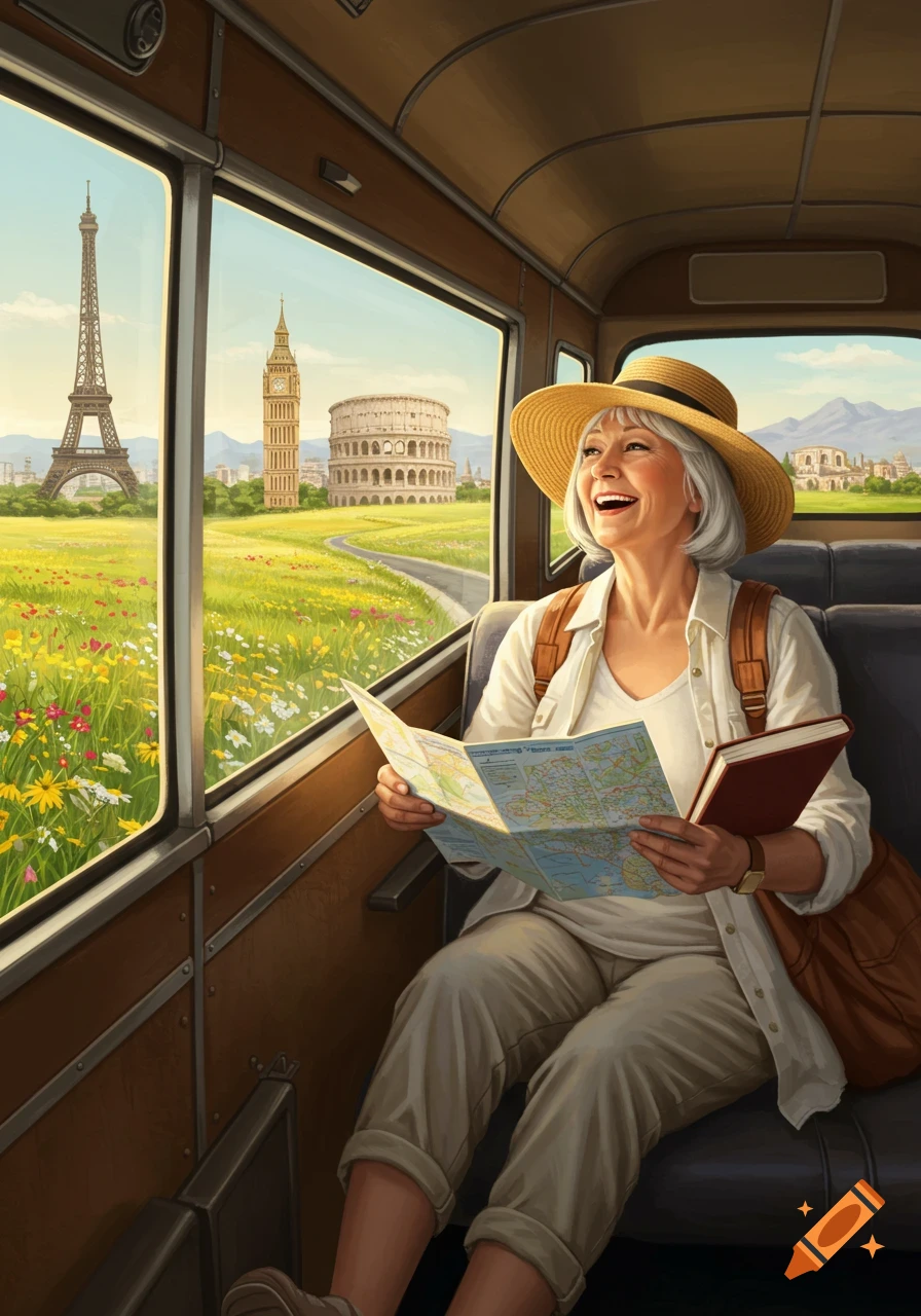 An elderly woman smiling on a bus with a map, looking out at the Eiffel Tower, Big Ben, and Colosseum through the window.
