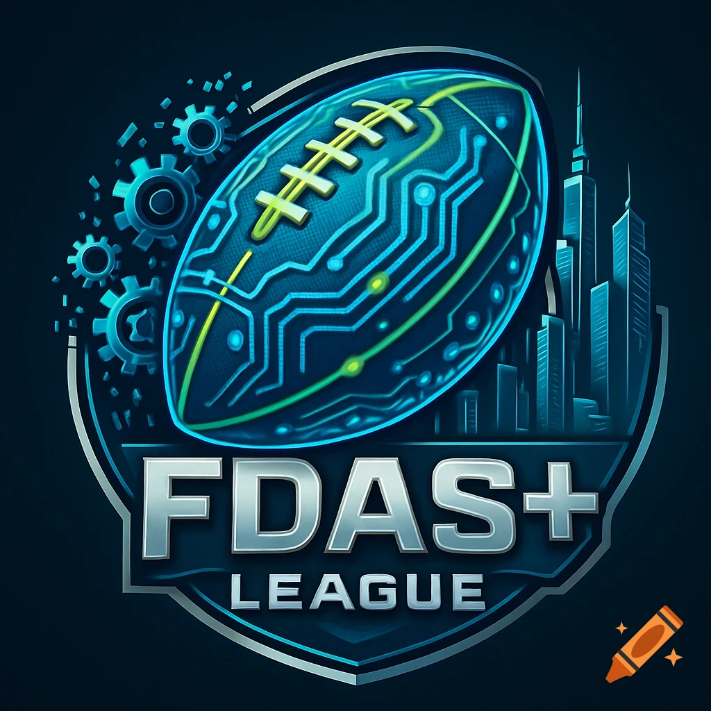 A modern, metallic logo features a circuit board-patterned football, gears, and skyscrapers with 'FDAS+ LEAGUE' text.