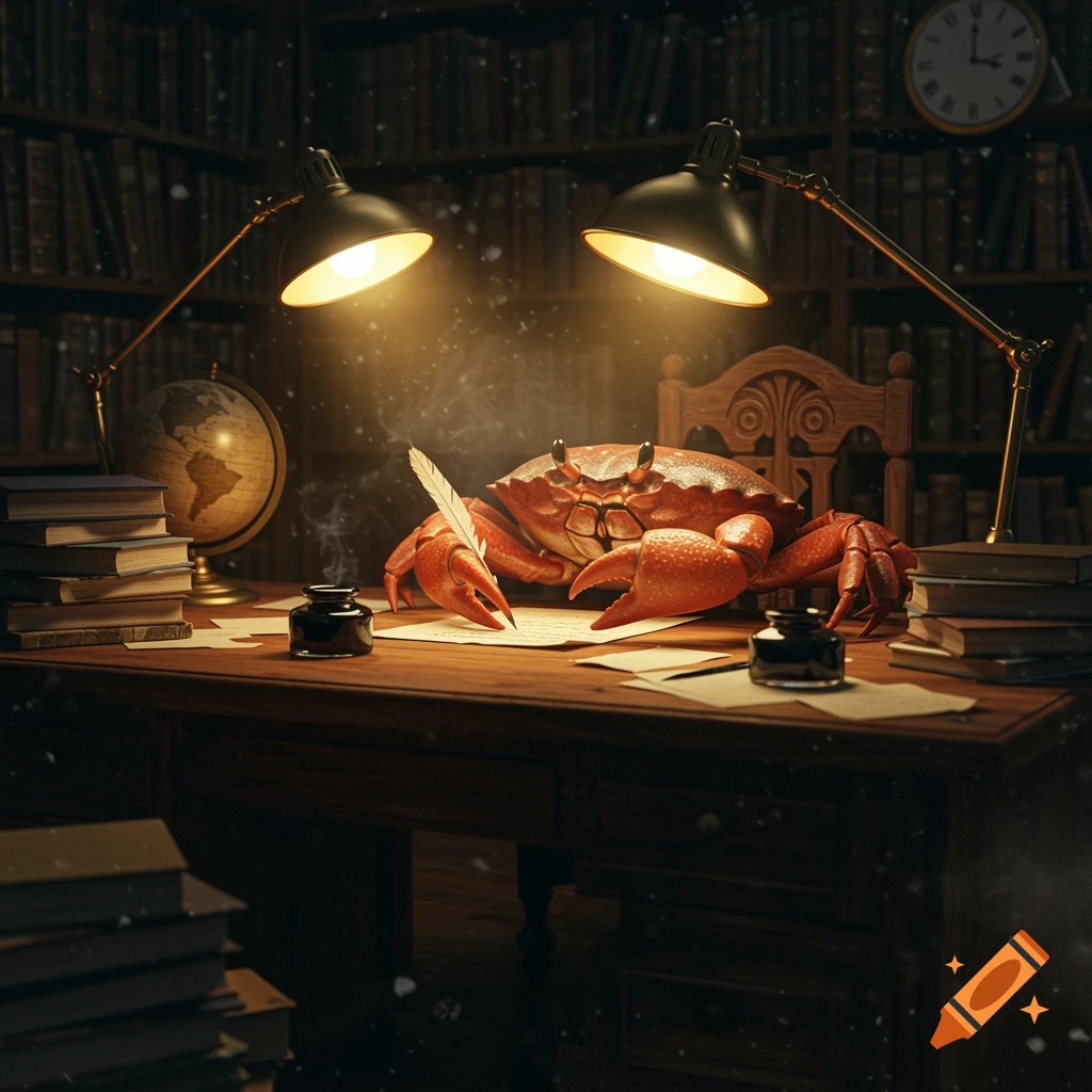 A photorealistic crab sits at a wooden desk in a dimly lit library, writing on paper with a quill under bright lamp light.