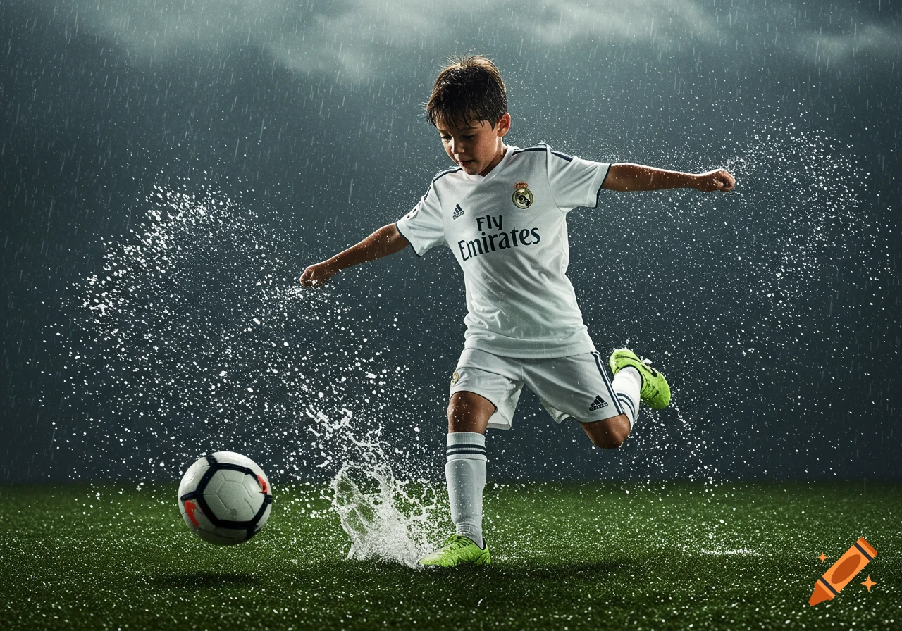 A young boy in a white soccer kit kicks a ball, sending water splashing on a green field in the rain.