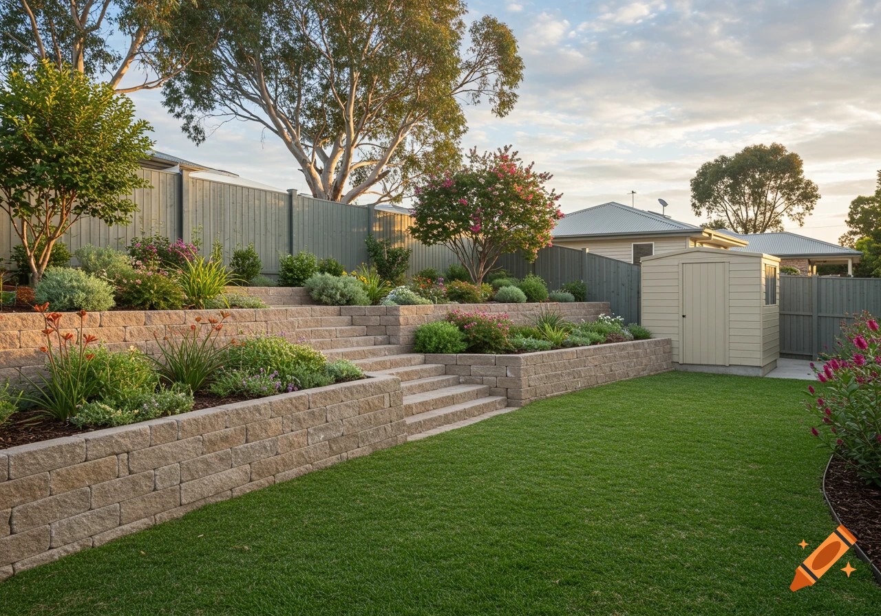 A meticulously designed Australian backyard with tiered garden beds made of concrete blocks, a green lawn, and a light-colored garden shed.