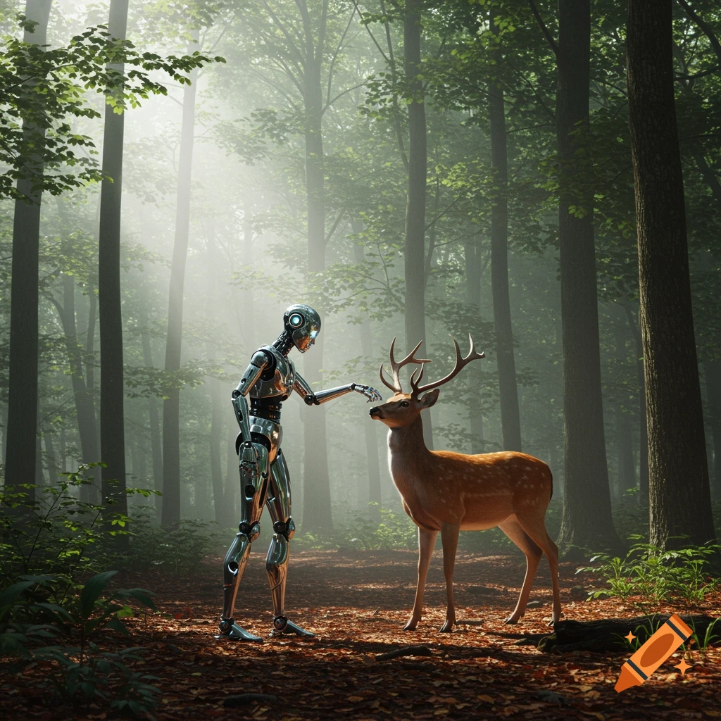 A photorealistic image of a sleek, tall robot gently touching the head of a deer in a misty, sunlit forest.