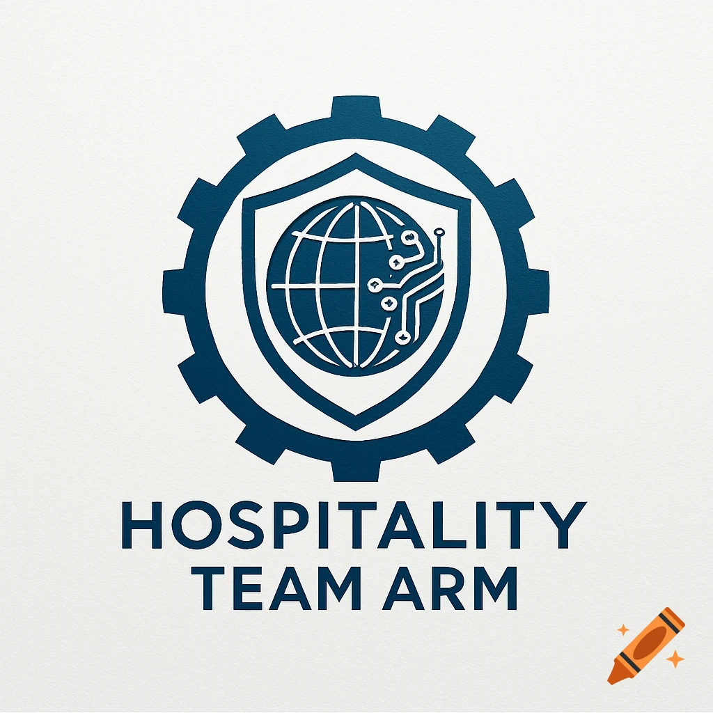 A blue and white logo featuring a gear outline, with a shield containing a globe and circuit board graphic, above the words "HOSPITALITY TEAM ARM" in bold blue text.