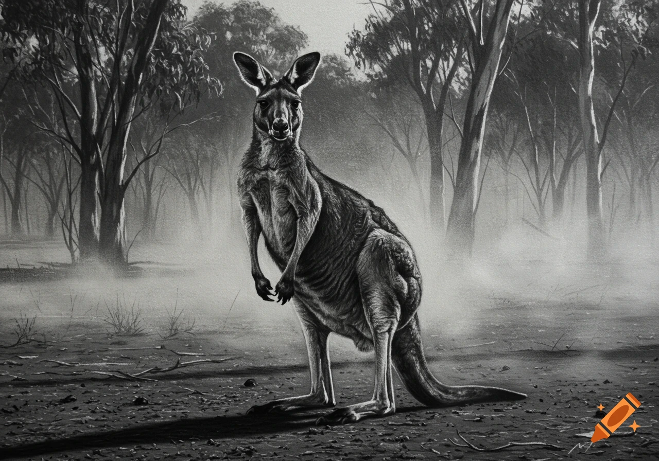 A detailed charcoal drawing of a kangaroo standing in a misty, forested landscape.