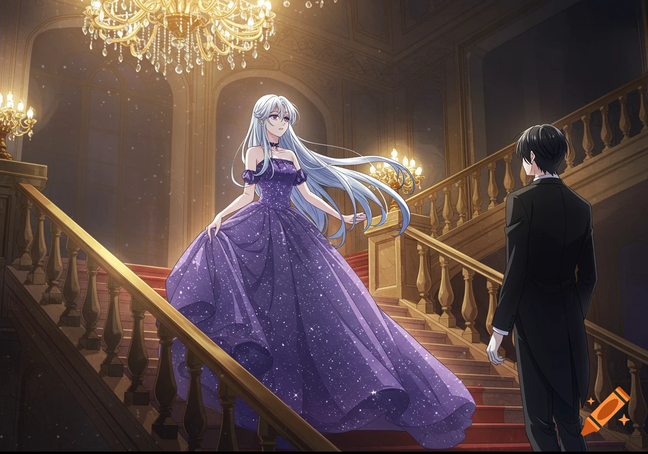 Anime woman in a purple ball gown on a grand ballroom staircase looking at a man in a suit. Stylized artwork.