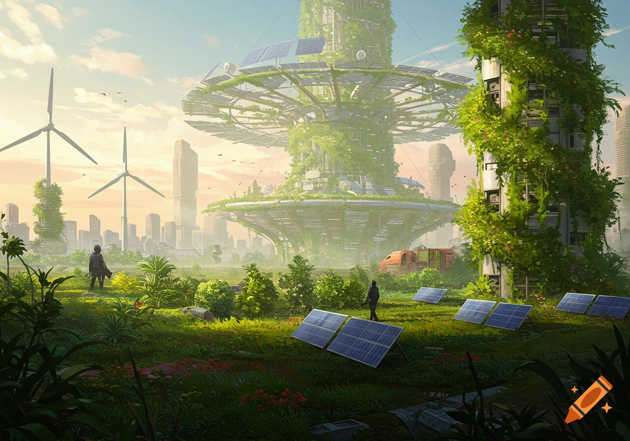 A vibrant solarpunk landscape with overgrown futuristic buildings, solar panels, and wind turbines in a lush green field, digital painting.
