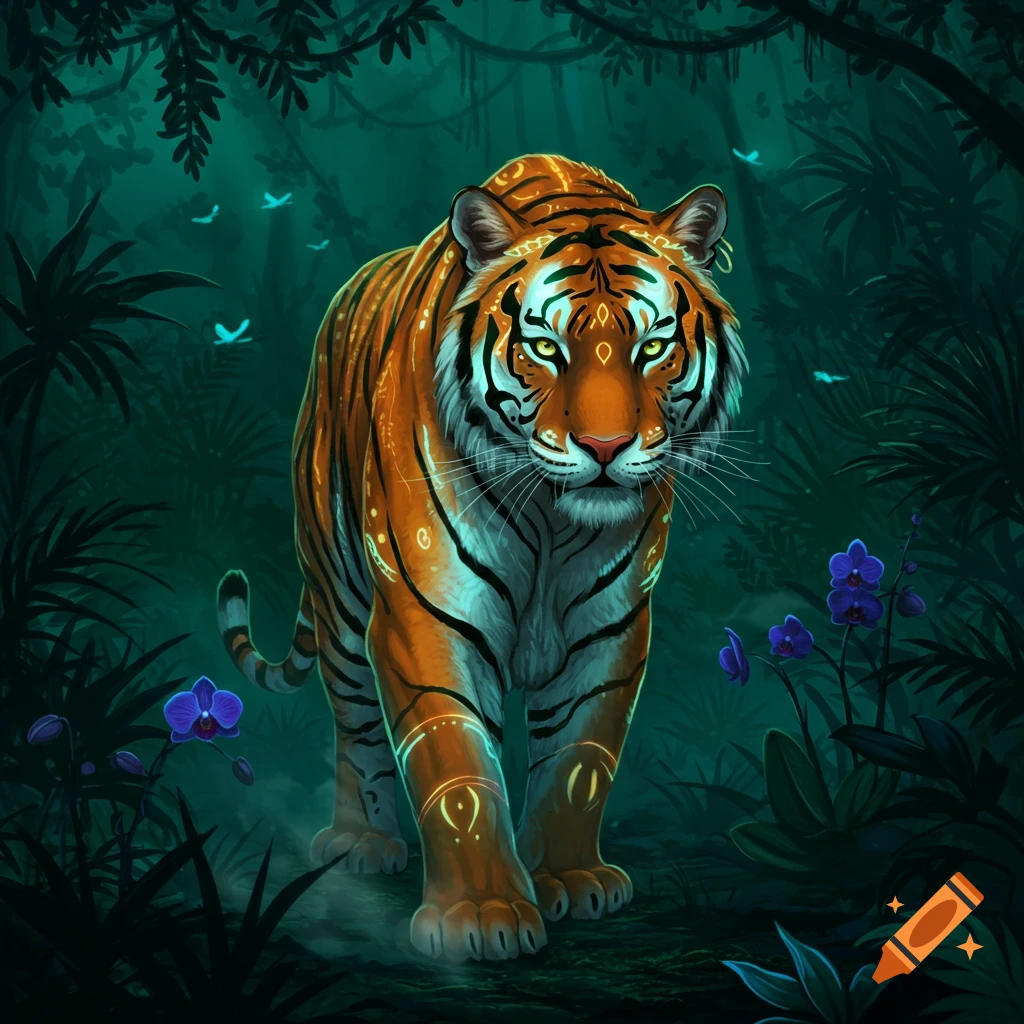 A stylized tiger with glowing patterns walks through a dark, lush jungle with glowing butterflies and purple flowers.
