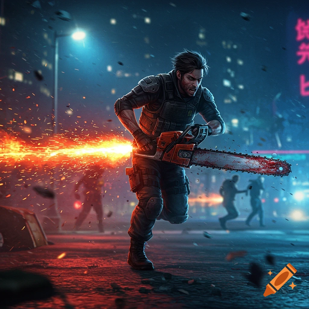 A man in tactical gear runs through a neon-lit city street at night, holding a bloody chainsaw that emits a fiery spark trail.