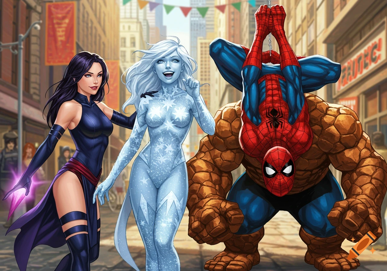 Psylocke and Luna Snow stand smiling on a city street as Spider-Man hangs upside down from a web next to a smiling Thing.