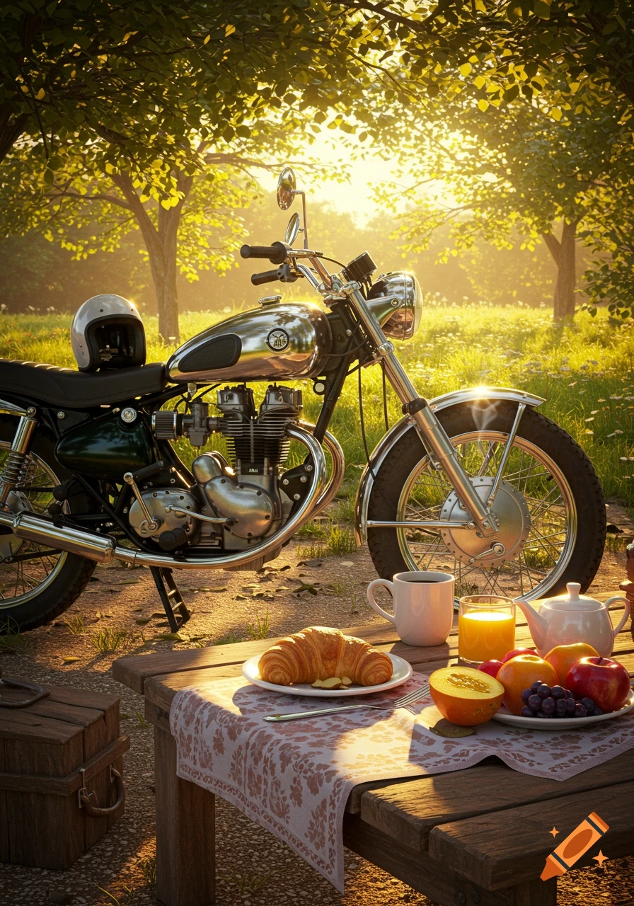 A vintage motorcycle parked on a dirt path next to a picnic table laden with breakfast food under sunlit trees.