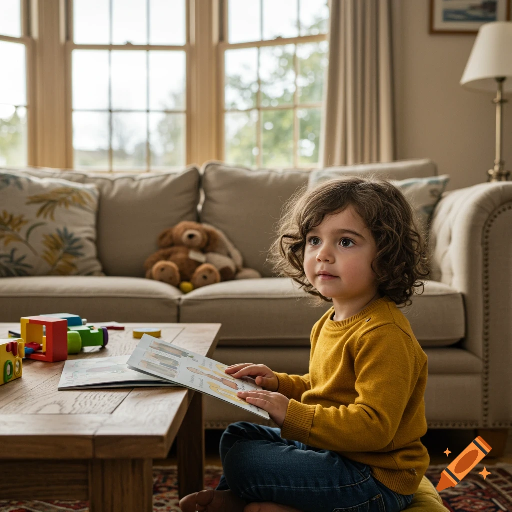 A young child with curly hair sits on the floor, looking up from a book on a coffee table in a sunlit living room.