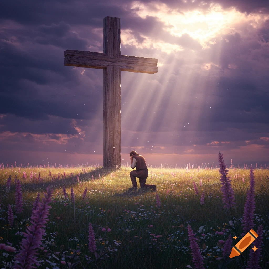 A man kneels before a large wooden cross in a field of flowers under a dramatic sky with sun rays.