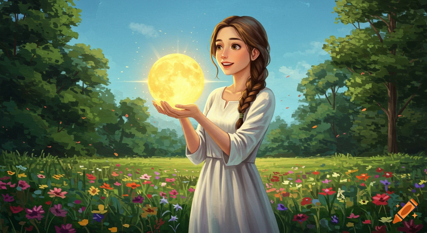 A happy young woman in a white dress holds a glowing golden orb in a vibrant, sunlit flower field with green trees and a blue sky, in an illustrative style.
