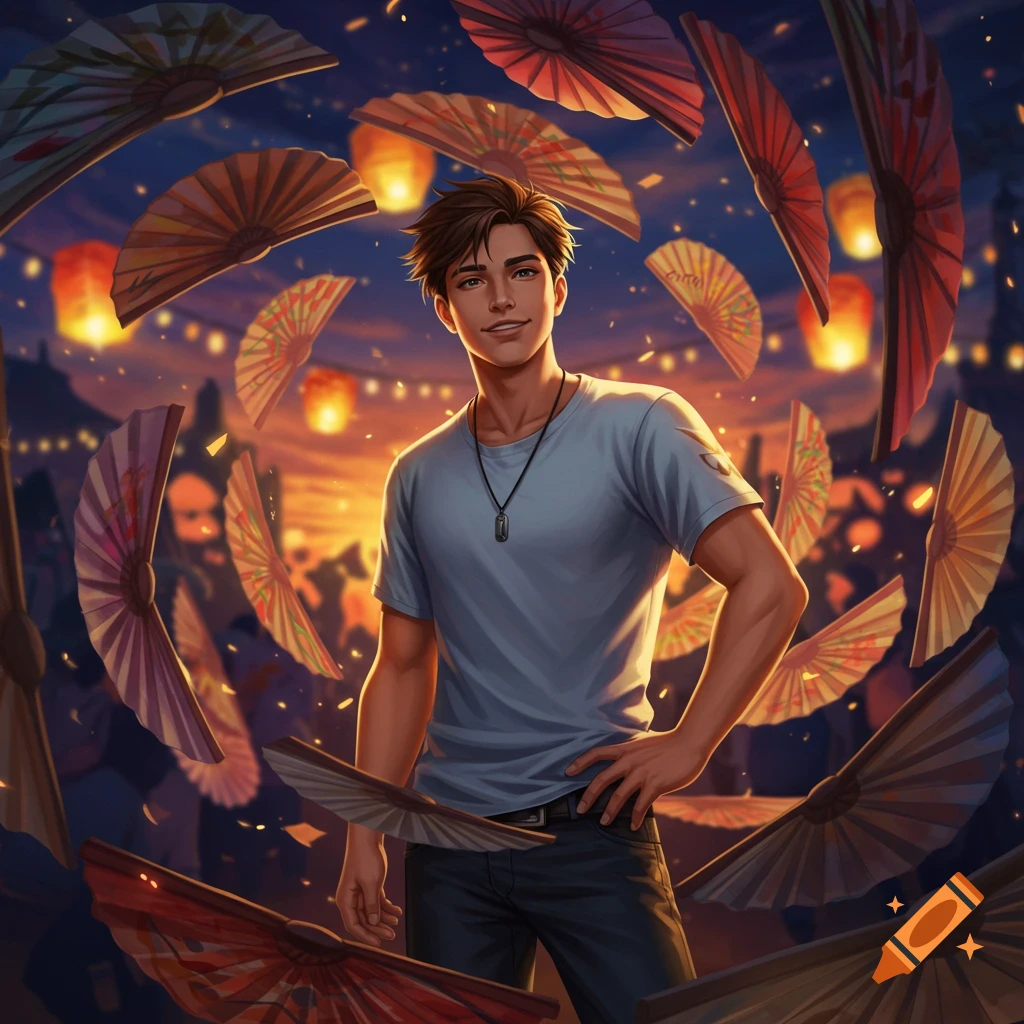 A smiling young man in a t-shirt stands amidst a swirl of colorful fans and glowing lanterns at a night festival in a digital illustration.