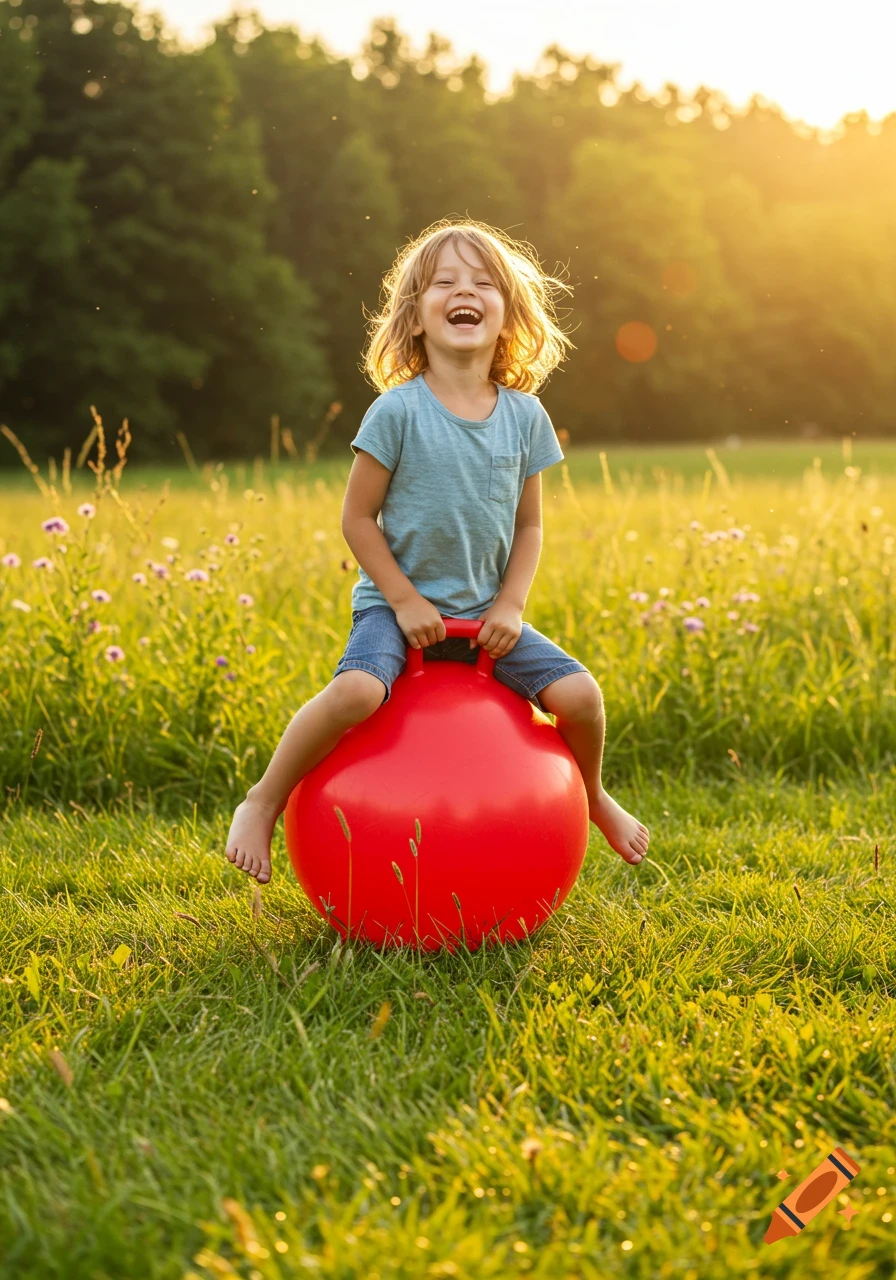 A joyful child bounces on a red hopper ball in a sunny green field at sunset.