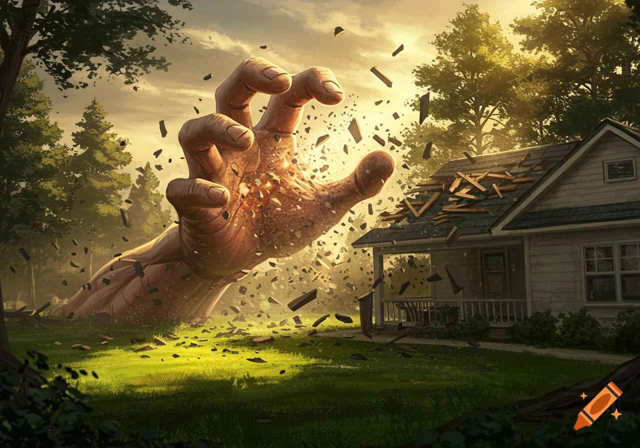 A colossal hand emerges from the ground, shattering the roof of a suburban house, with debris flying amidst trees under a dramatic sky.