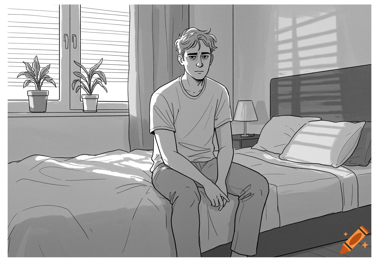 A sad-looking man sits on a bed in a bedroom with plants on the windowsill, in a black and white line drawing.