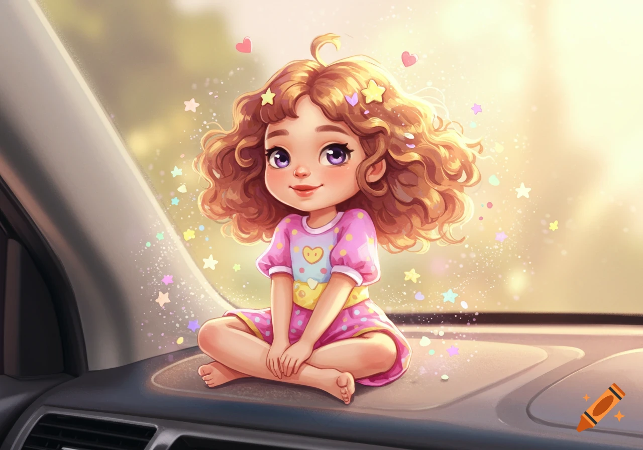 A cute, curly-haired cartoon girl in a pink dress sits cross-legged on a car dashboard, surrounded by sparkles and hearts.