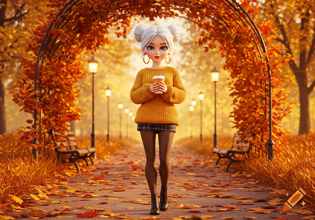 A stylized 3D cartoon woman in a yellow sweater and plaid skirt walks on a leaf-covered park path amidst autumn trees.