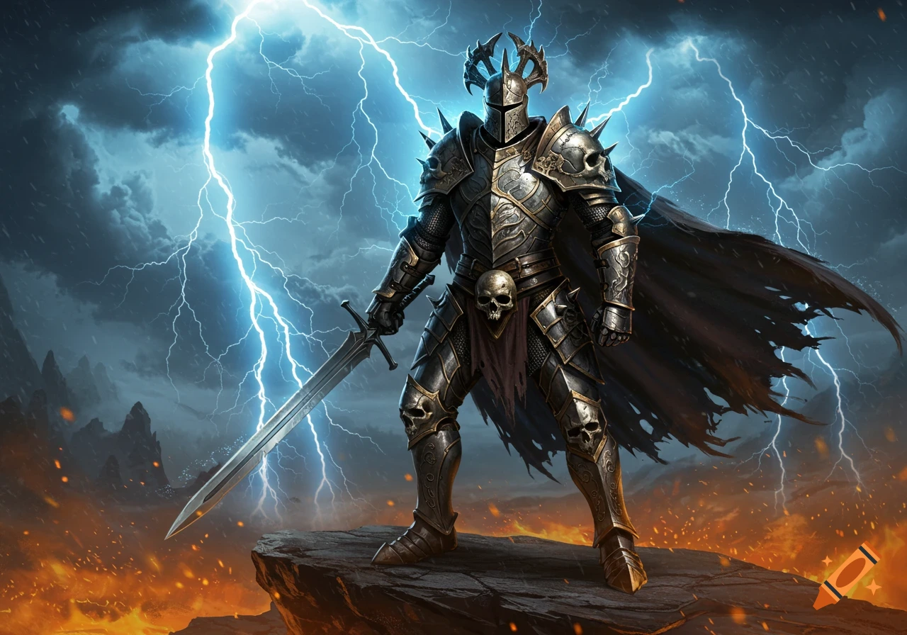 A knight in ornate skull armor stands on a rocky outcrop against a stormy sky with bright blue lightning and a fiery landscape.