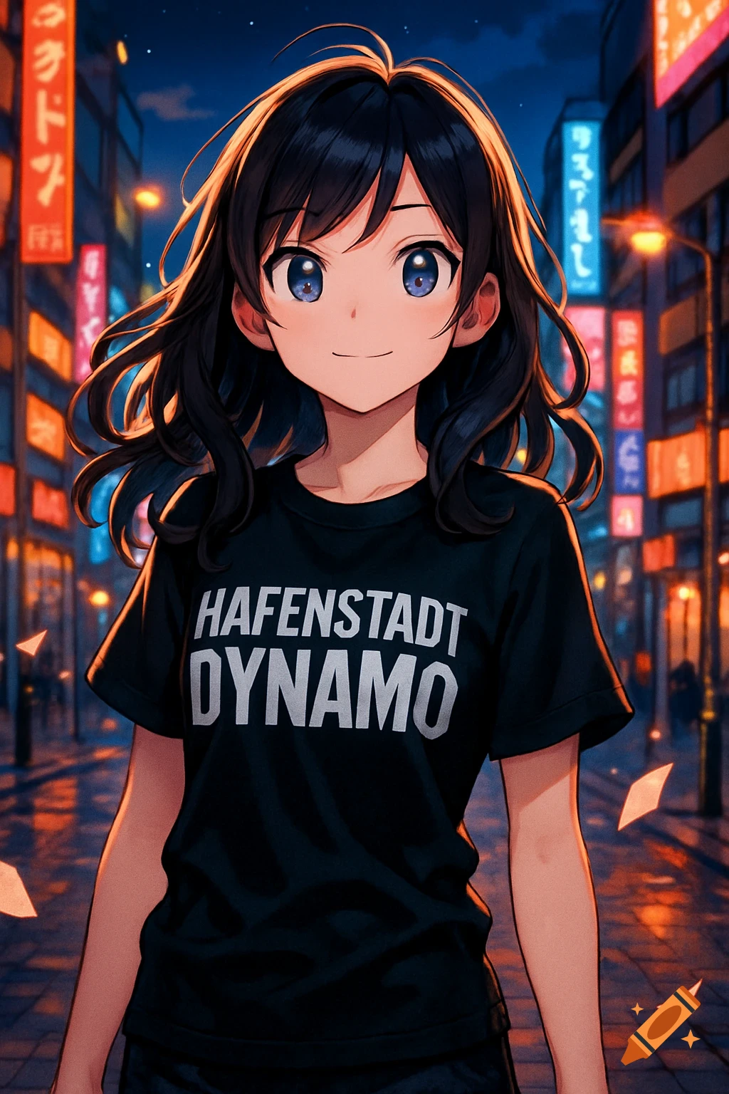 Anime girl with dark hair and blue eyes, wearing a black 'HAFENSTADT DYNAMO' t-shirt, stands smiling on a city street at night with neon lights.