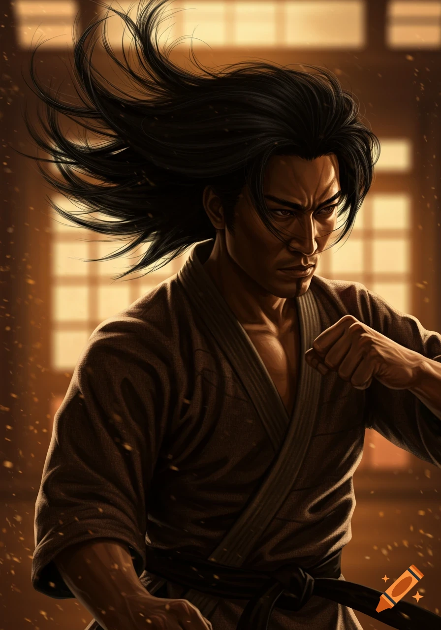 A long-haired male martial artist in a dark gi clenches his fist, poised in a dynamic stance within a dimly lit, dusty dojo.